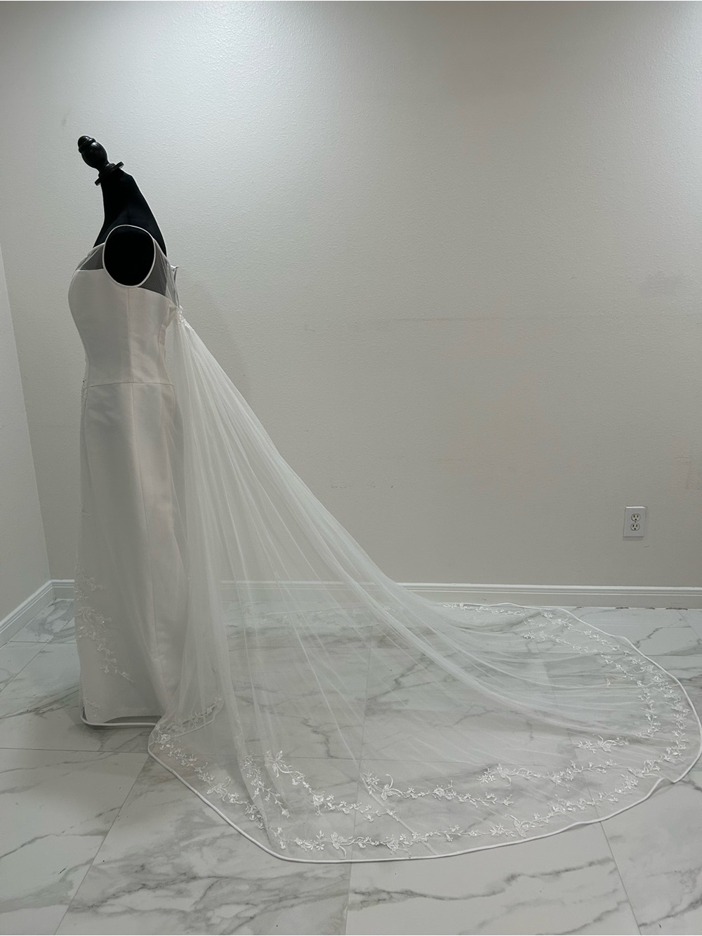 Casablanca Bridal White Wedding Dress with Long Lace-Edged Veil, Style 1366